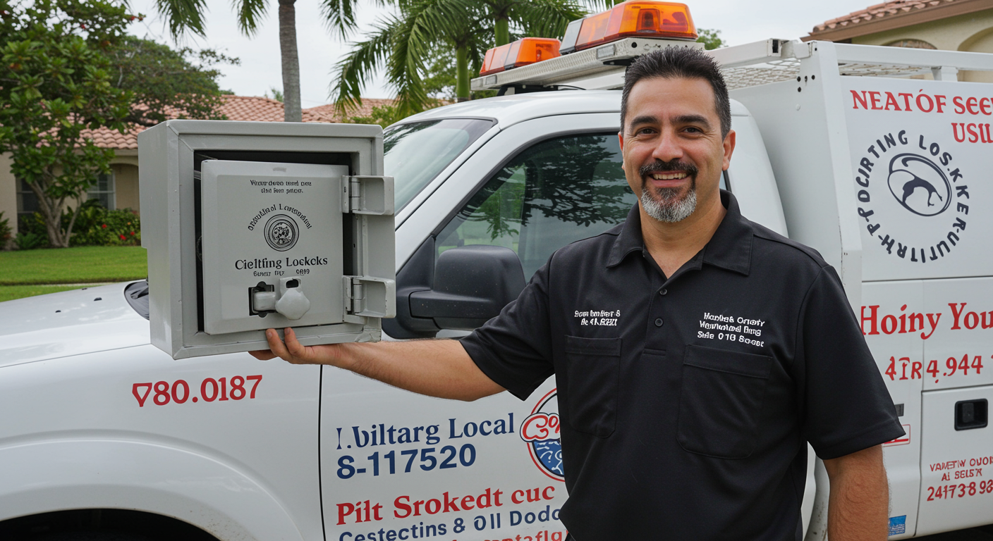 A friendly local locksmith standing in front of their service vehicle, holding a ceiling safe. The background features a typical Miramar neighborhood, emphasizing the local aspect of the service.