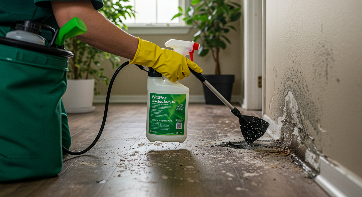A technician using eco-friendly cleaning solutions to treat a mold-affected area in a Tampa home.